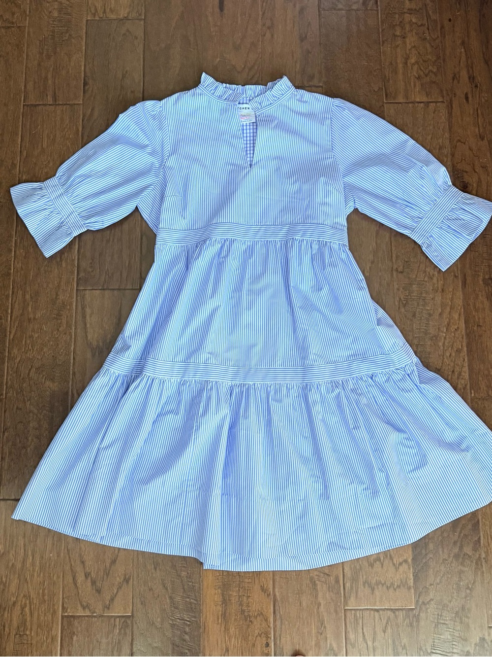 Gretchen Scott Designs Light Blue & White Striped Tiered Dress